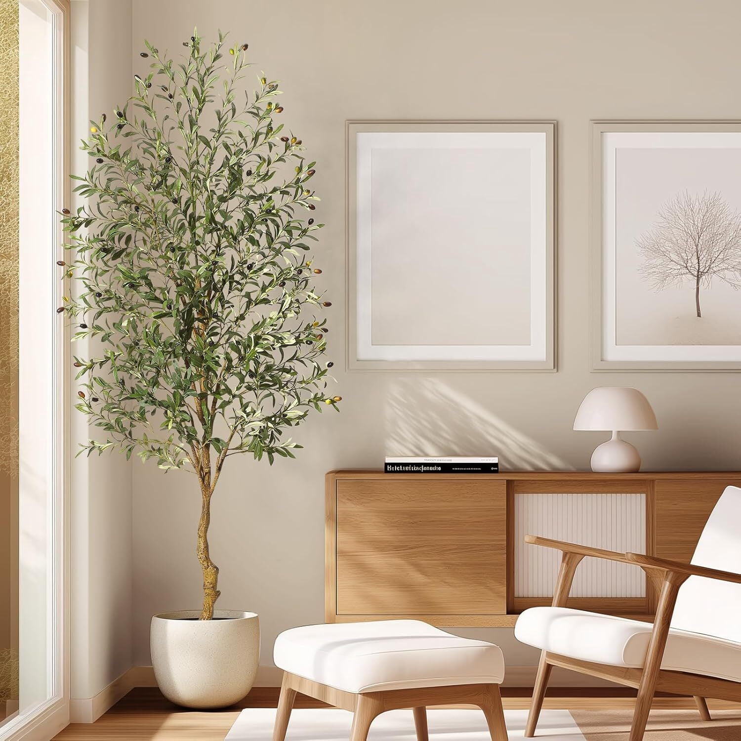 Faux Olive Tree 7FT, Fake Silk Plant for Living Room Decor, Indoor Fake Potted Tree with Green Leaves and Big Fruits