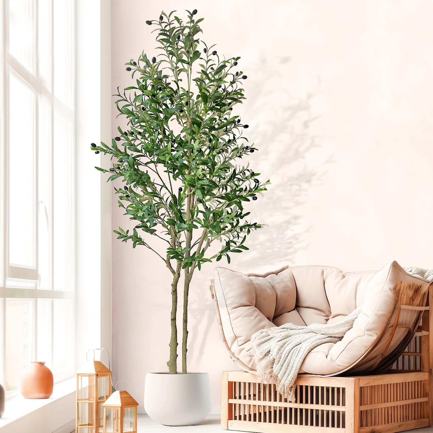 Faux Olive Tree 7ft, Realistic Tall Silk Olive Trees Artificial Indoor ...