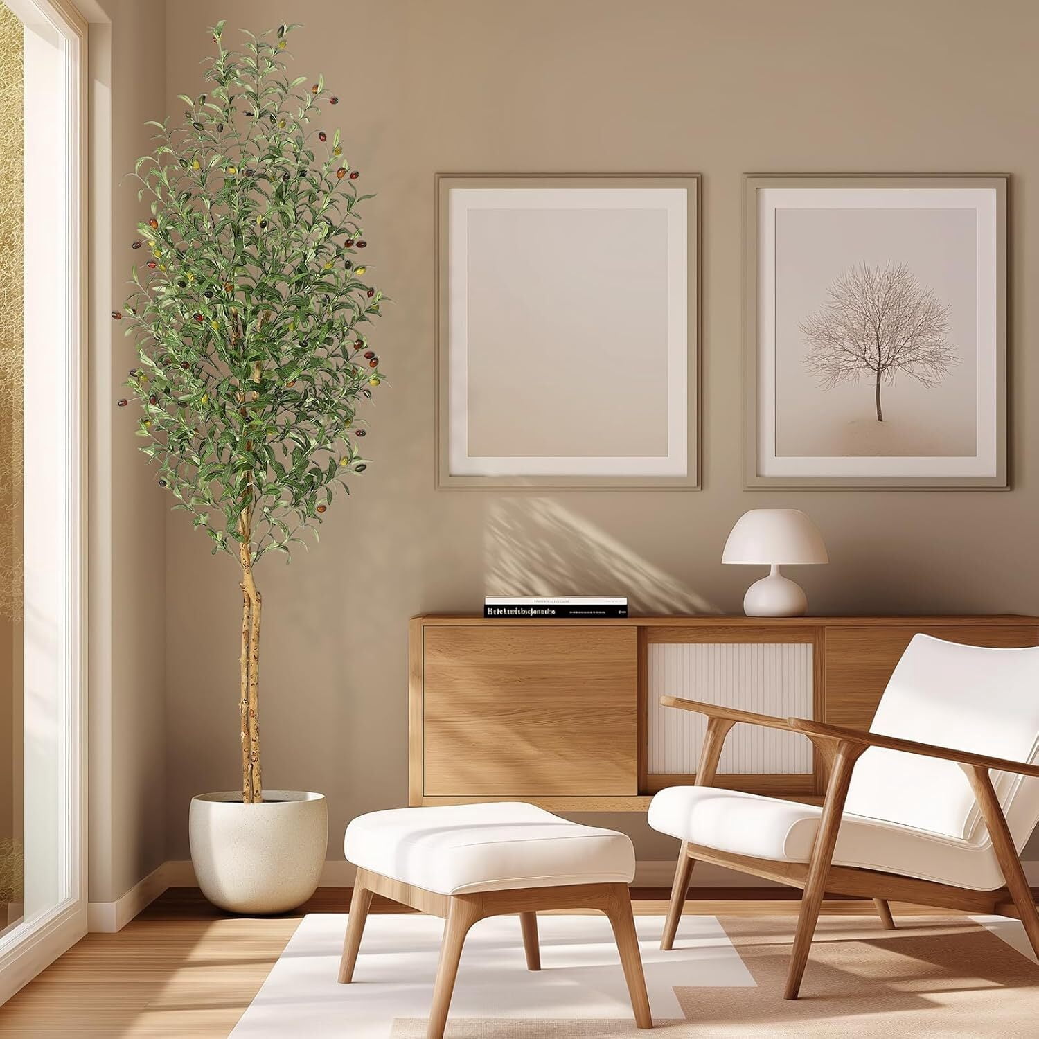 Faux Olive Tree 7ft,Tall Artificial Tree Indoor with 2 Natural Wood Trunks, Fake Plants Potted in White Planter, Floor Plants for Living Room House Decor,1PCS