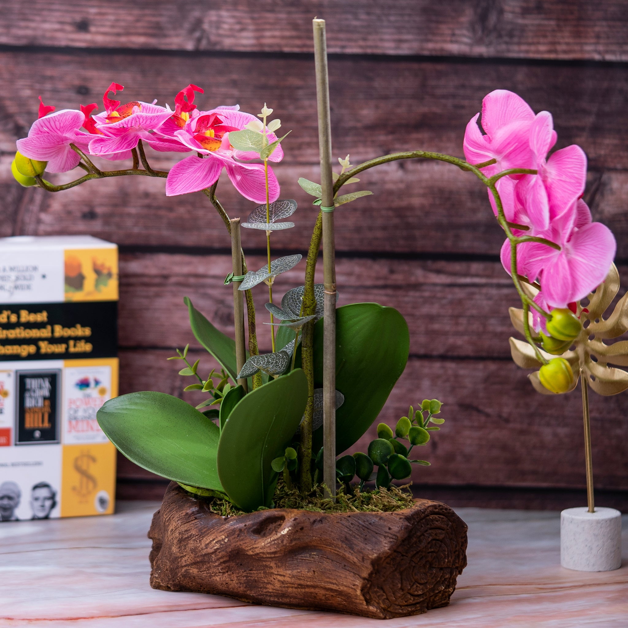 Faux Orchid Plant, Velvet Touch, With Wooden Like Planter, Indoor Fake