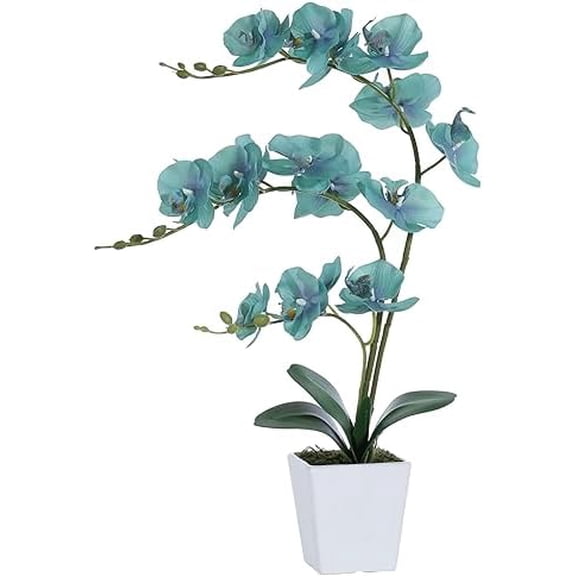 Faux Orchid in Vase Large Artificial Orchid in Ceramic Vase Teal Silk Orchids with Stems Real Look Potted Fake Flowers Arrangement Centerpiece Table Decorations for Home Decor Indoor, Golden Blue