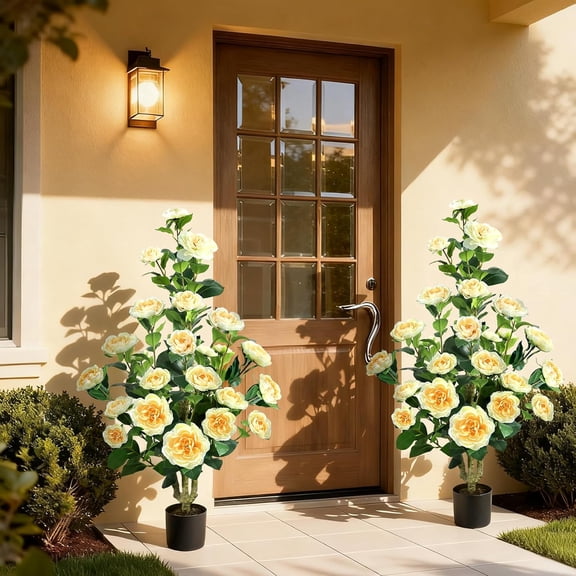 Faux Outdoor Plants 2 Pcs - 39'' Artificial Camellia Tree with Yellow Flowers for Porch Garden Home Decor