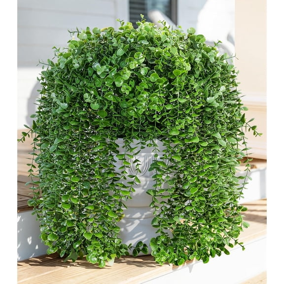 Faux Outdoor Plants Fake Hanging Plants for Outdoors Outside Decorations, 2 Pcs Green Faux Euc Vines Realistic UV Resistant Artificial Greenery for Planters Porch Garden Yard Front Door Patio