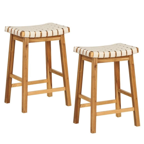Faux PU Leather Bar Stools Set of 2 Woven Curved Seat Natural