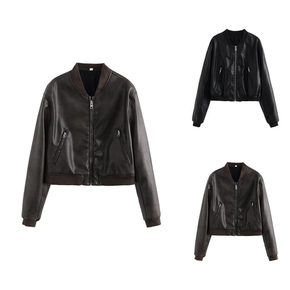 Faux PU Leather Cropped Bomber Jacket for Women Long Sleeve Baseball Collar Zip Up Biker Coat with Pockets Outerwear