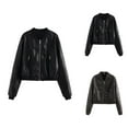 thumbnail image 1 of Faux PU Leather Cropped Bomber Jacket for Women Long Sleeve Baseball Collar Zip Up Biker Coat with Pockets Outerwear, 1 of 8