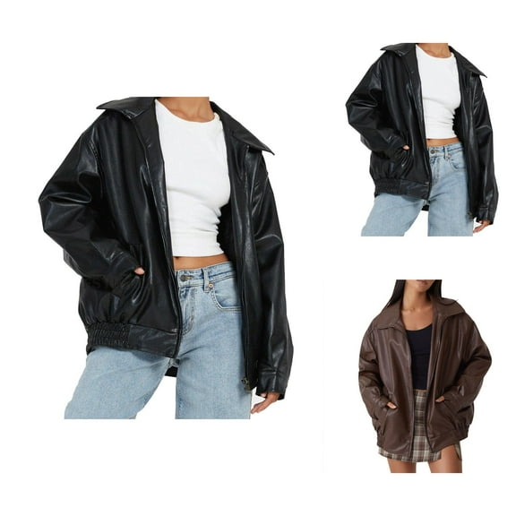 Faux PU Leather Jacket for Women 2025 Long Sleeve Lapel Zip Up Motorcycle Coats with Pockets Y2K Outerwear