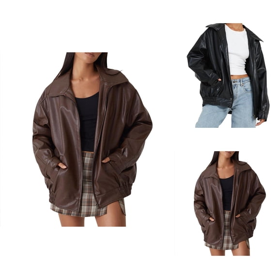 Faux PU Leather Jacket for Women 2025 Long Sleeve Lapel Zip Up Motorcycle Coats with Pockets Y2K Outerwear