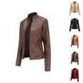 thumbnail image 1 of Faux PU Leather Jacket for Women Long Sleeve Slim Fit Stand Collared Zip Up Jackets Coat with Pockets Outerwear, 1 of 5