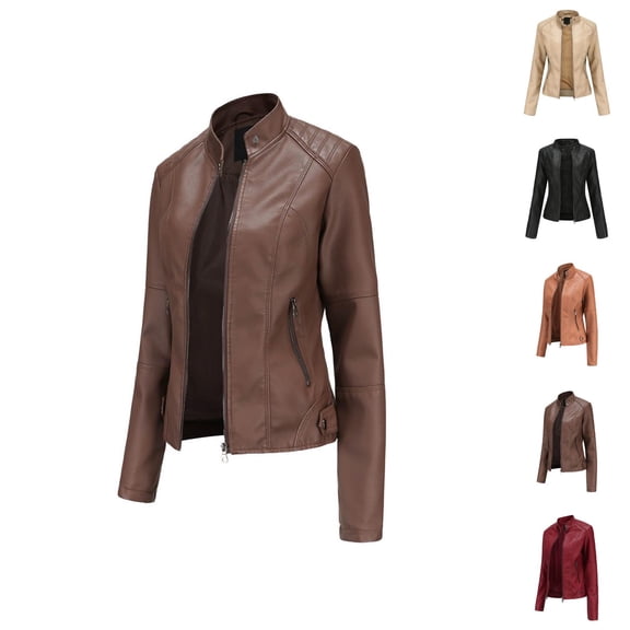 Faux PU Leather Jacket for Women Long Sleeve Slim Fit Stand Collared Zip Up Jackets Coat with Pockets Outerwear