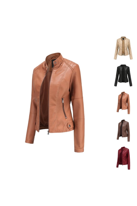Faux PU Leather Jacket for Women Long Sleeve Slim Fit Stand Collared Zip Up Jackets Coat with Pockets Outerwear