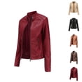 thumbnail image 1 of Faux PU Leather Jacket for Women Long Sleeve Slim Fit Stand Collared Zip Up Jackets Coat with Pockets Outerwear, 1 of 7
