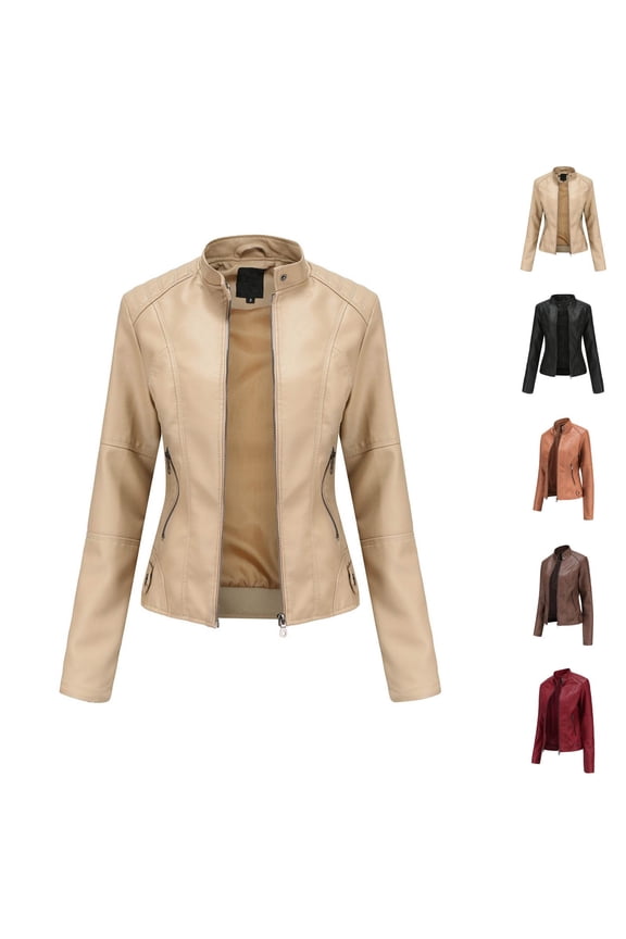 Faux PU Leather Jacket for Women Long Sleeve Slim Fit Stand Collared Zip Up Jackets Coat with Pockets Outerwear