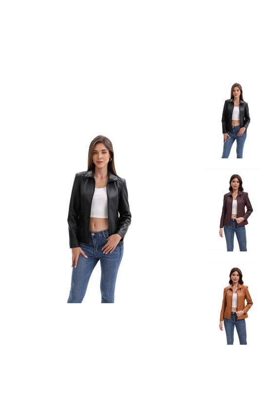 Faux PU Leather Jacket for Women Long Sleeve Stretch Lapel Collar Zip Up Cropped Jackets with Pockets Outerwear