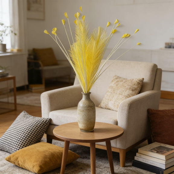 Faux Pampas Grass Artificial Velvet Plume - Gothic Style Fake Flower Reed for Festival Wedding Birthday Party Decor, Contemporary Interior Floor Decor for Home Living Room Bedroom, 24.4in, Yellow