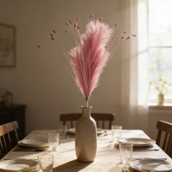 Faux Pampas Grass Artificial Velvet Plume - Gothic Style Fake Flower Reed for Festival Wedding Birthday Party Decor, Contemporary Interior Floor Decor for Home Living Room Bedroom, 24.4in, Pink