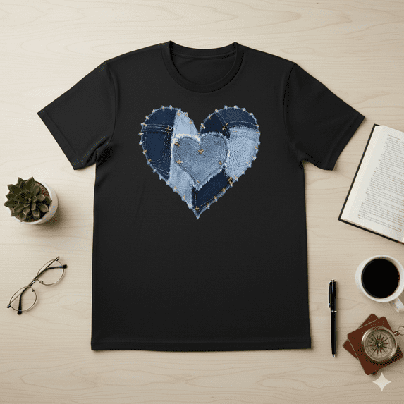 Faux Patchwork Denim Heart Trendy Vintage Retro Graphic Unisex T-Shirt V17401, up to Size 5XL