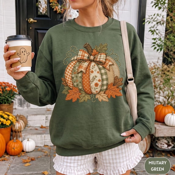 Faux Patchwork Fall Pumpkin Sweatshirt, Retro Halloween Autumn Thanksgiving Crewneck