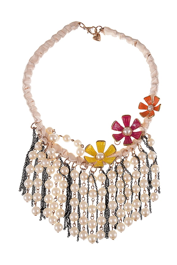 Faux Pearl Bead Dangling Chain Link Color Painted Flower Ribbon Twist Necklace