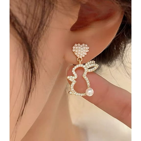 Faux Pearl Bunny Rabbit Dangle Rhinestones Earrings Easter Heart Bunny Earrings