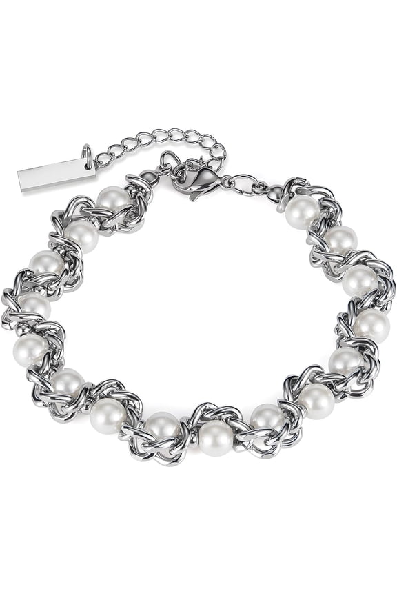 Faux Pearl Chain Bracelet for Women, White Silver Gold Plated Stainless Steel Link Cuff Bridal Wedding Christmas Valentine's Day Mother's Day Anniversary Birthday Jewelry Gifts Box for Her