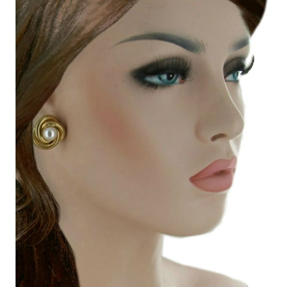 Faux Pearl Gold Tone Twisted Love Knot Button Pierced Earrings Ribbed Studs 7/8" Ladies Adult Female Women