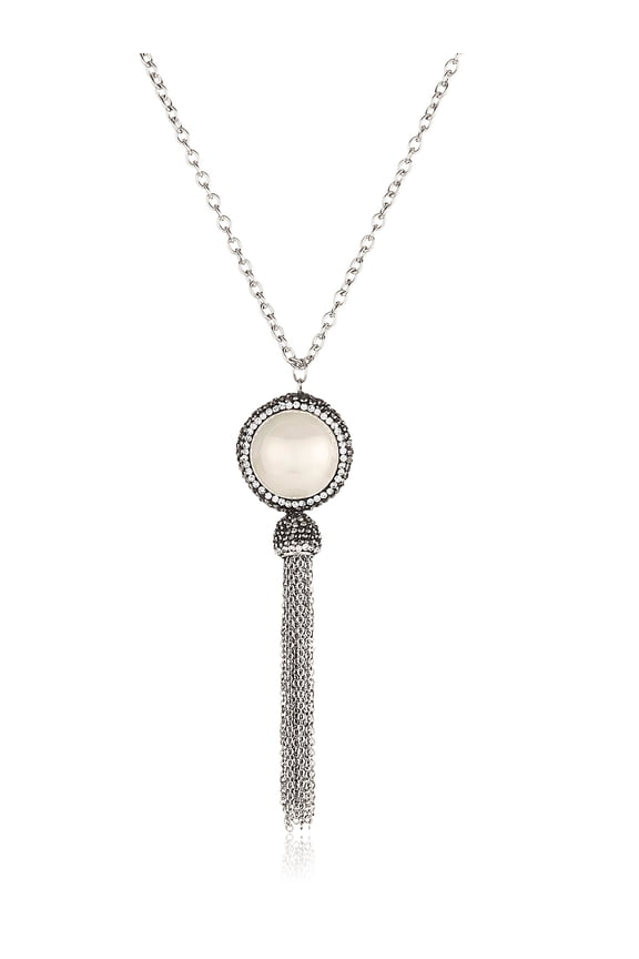 Women's Crystal Halo White Shell Bead Steel Tassel Necklace - 26"