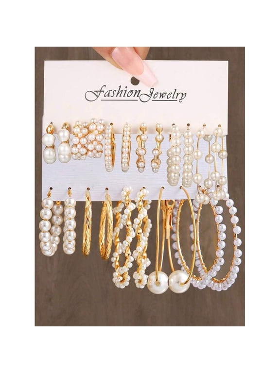 Faux Pearl Hoop Earring Set 10pcs Goldtone Vintage Style 5604601