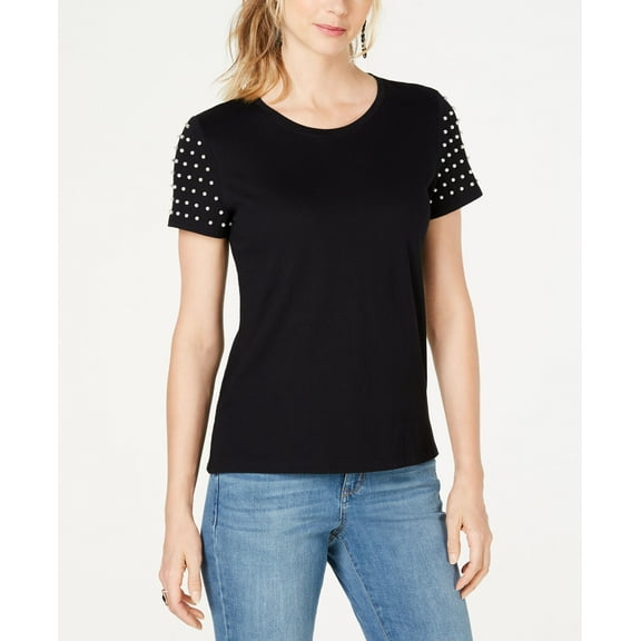 Faux Pearl Sleeve T-Shirt Deep Black S