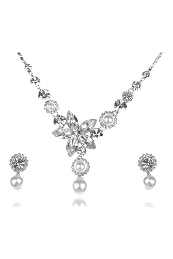 Faux Pearlescent Crystal Element Single Flower Earring Necklace Set