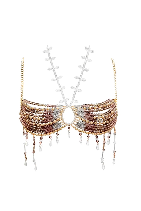 Faux Pearls Beads Harness Bra Chest Chain for Womens Party Beach Club Crystal Tassels Body Jewelry Bralette Crop Top