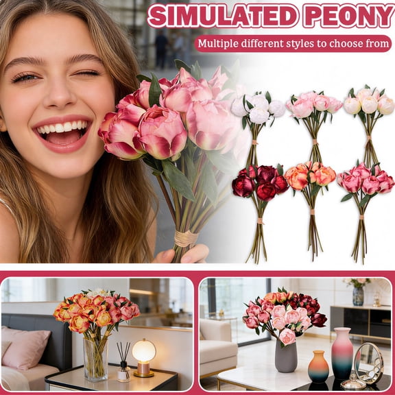 Faux Peony Bunch, Realistic Artificial Silk Flowers for Vase, Wedding Decor, 15.75 Inch Tall, Peony Bouquet with 9 Blooms (Hot Pink)