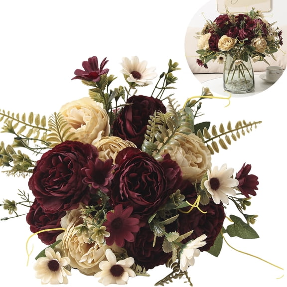 Faux Peony Flowers Arrangement Realistic Artificial Peonies for Wedding Bouquets Table Centerpiece Home Kitchen and Ofice Decor, Claret