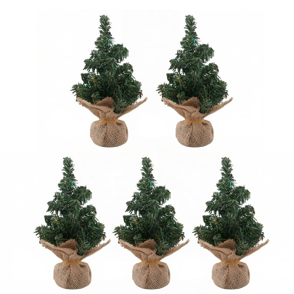 Faux Pine Holiday Tree Decor with Burlap Wrapped Base, Small Christmas Tabletop Accent for Desk Shelf Home Window and Counter Display