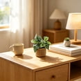 thumbnail image 1 of Faux Potted Plant in Woven Straw Basket – Assorted Leaf Styles Mini Artificial Greenery for Home Office Shelf Tabletop, 1 of 6