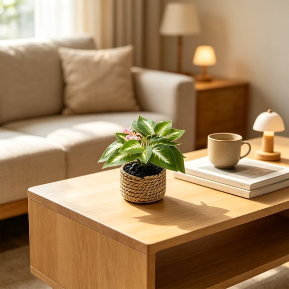 Faux Potted Plant in Woven Straw Basket – Assorted Leaf Styles Mini Artificial Greenery for Home Office Shelf Tabletop