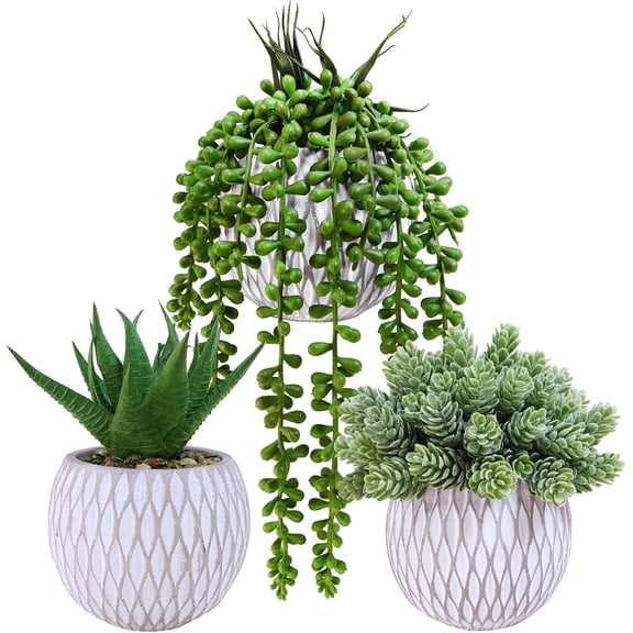 Faux Potted Plants Artificial Aloe Hops String of Pearls Succulents in Gray Geometric Concrete Pots for Indoor Outdoor Greenery Shelf Desk Tabletop Dcor