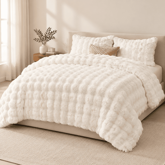 Faux Queenforter Set - Cream White Fsize Big Bubble Rabbit Bedding Sets Warm Cozy Fuzzy Bed 3 Pieces 1 And 2owcases