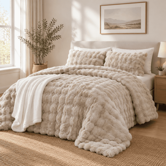 Faux Rabbit Fluffyforter Set Queen - 7 Piece Bed In A Bag