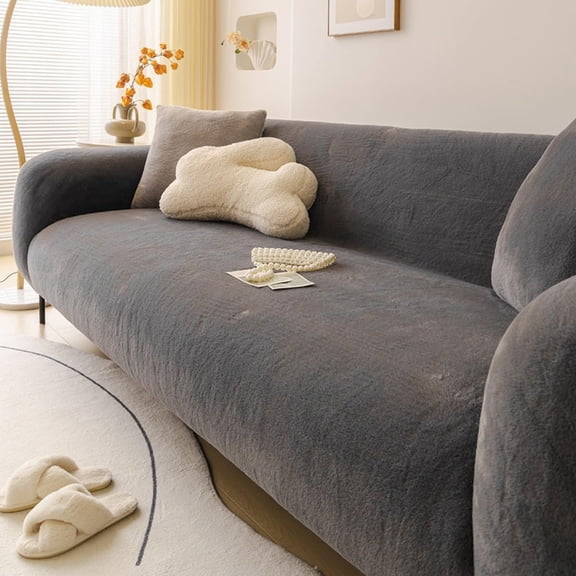 Faux Rabbit Fur Couch Cover, Fluffy Plush 1 2 3 4 Seat Sectional Sofa Slipcover Non Slip Furniture Protector for Kids Dogs Pet (Dark Gray,L(75-90in))