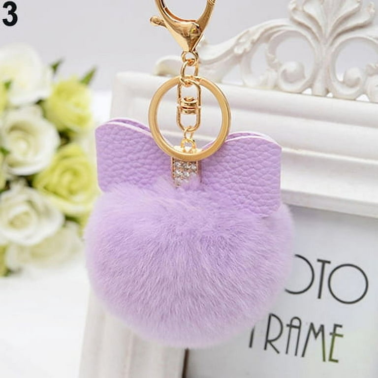 Minjieyu Faux Rabbit Fur Pom Pom Fluffy Puff Ball Bowknot Car Bag Key Chain Ring Keychain, Women's, Size: One size, Purple