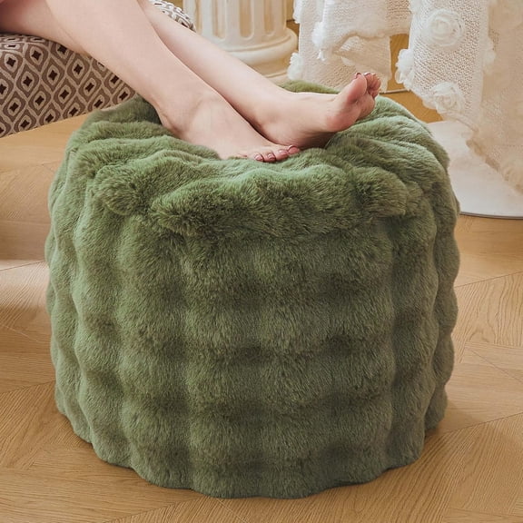 Faux Rabbit Fur Round Inflatable Pouf Ottoman, 20" X 16" Plush Fuzzy Waffle Bubble Floor Poufs Foot Rest for Living Room Bedroom, Furry Stool Home Decor, Anti-Slip, Sage Green
