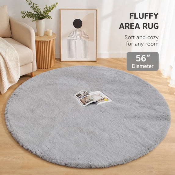 Fake Fur Rug Faux Rabbit Fur Round Rug 5ft Grey Fluffy Area Rug for Bedroom and ...