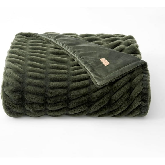 Faux Rabbit Fur Throw Blanket with Ruched Design Reversible Velvet 60" x 80" Loden Green