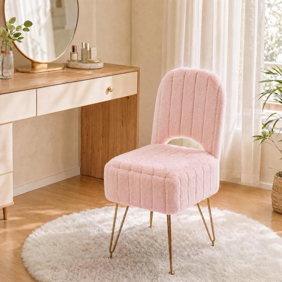 Faux Rabbit Fur Vanity Chair with Backrest, Small Square Ottoman with Hidden Storage, Engineered Wood Makeup Stool, 15 x 13.4 x 30 in, 280 lb Capacity,Pink