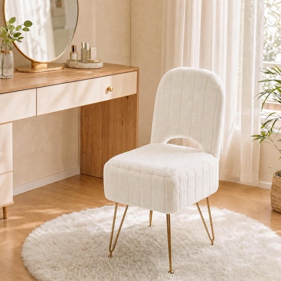 Faux Rabbit Fur Vanity Chair with Backrest, Small Square Ottoman with Hidden Storage, Engineered Wood Makeup Stool, 15 x 13.4 x 30 in, 280 lb Capacity,White