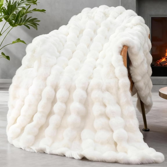 Faux Rabbit Fur and Micromink Fleece Throw Blanket Ivory White 90 x 90 Inches