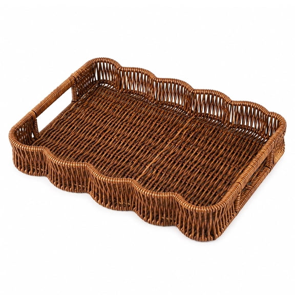 Faux Rattan Bread Basket Tray, PP Woven Fruit Basket for Kitchen Counter, Flower Edge Serving Tray with Handles, Washable Snack Organizer for Bread and Fruit