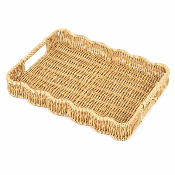 Faux Rattan Bread Basket Tray, PP Woven Fruit Basket for Kitchen Counter, Flower Edge Serving Tray with Handles, Washable Snack Organizer for Bread and Fruit