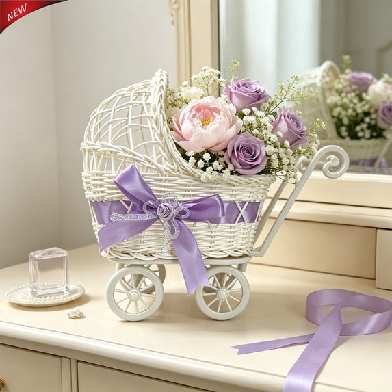 Faux Rattan Pram Shaped Flower Basket With Wheels And Handle, Multi‑Functional Plastic Storage Fruit Basket, Cute Rustic Decor for Wedding Party Festival Home Christmas Table Decorations,Purple
